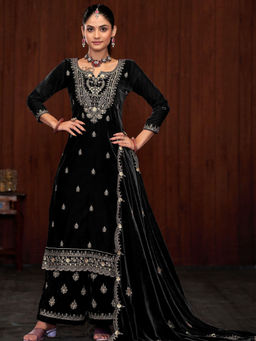 Odette - Black Embroidered Semi-Stitched Kurta with Bottom and Dupatta (Set of 3)