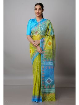 Unnati Silks - Green Pure Block Printed Kota Cotton Saree with Unstitched Blouse