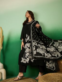 ANAISA - Women Black Pintex A-Line Kurta with Trouser & Dupatta (Set of 3)