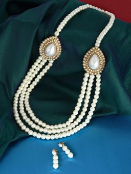 Zaveri Pearls - Gold Multi Layered Long Pearls Necklace With Earrings (Set of 2)