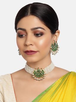Zaveri Pearls - Green Stones & Pearls Choker Necklace & Earring (Set of 2)