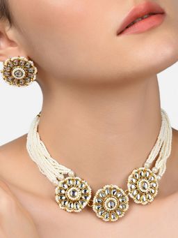 Zaveri Pearls - Gold Tone Kundan & Pearls Flowers Choker Necklace & Earring (Set of 2)