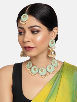 Zaveri Pearls - Enamelling Gold Filigree Design Choker Necklace, Earring & Maangtikka (Set of 3)
