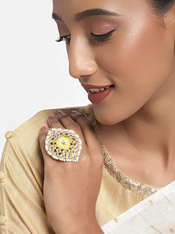 Zaveri Pearls - Enamelling Gold Pearls Traditional Adjustable Finger Ring