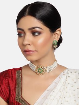 Zaveri Pearls - Gold Enamelling Multistrand Pearls Kundan Choker Necklace & Earring (Set of 2)