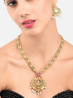 Zaveri Pearls - Gold Stone Necklace With Earrings (Set of 2)