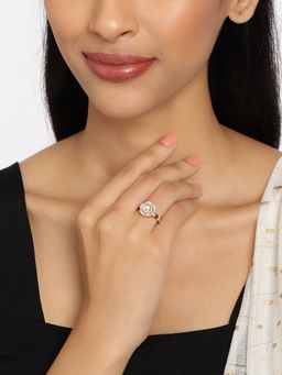 Zaveri Pearls - Rose Gold Cubic Zirconia & Pearl Contemporary Adjustable Brass Finger Ring