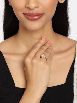 Zaveri Pearls - Rose Gold Cubic Zirconia & Pearl Contemporary Adjustable Brass Finger Ring