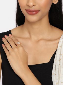 Zaveri Pearls - Rose Gold Cubic Zirconia & Pearl Contemporary Adjustable Brass Finger Ring