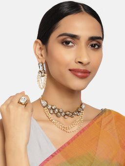 Zaveri Pearls - Gold Tone Stones & Pearls Necklace Earring & Finger Ring Set