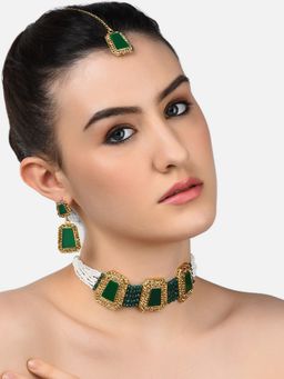 Zaveri Pearls - Green Stones & Crystal Shine Beads Choker Necklace Earring & Maangtikka Set