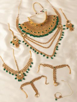 Zaveri Pearls - Green Bridal Necklace Earring Mathapatti Nose Ring & Ring Bracelet (Set of 7)ZPFK10147