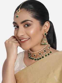 Zaveri Pearls - Green Stones & Beads Traditional Necklace Earring & Maangtikka (Set of 3)-ZPFK10165
