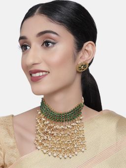 Zaveri Pearls - Green Stones Wedding Collection Kundan Choker Necklace & Earring Set-ZPFK10239