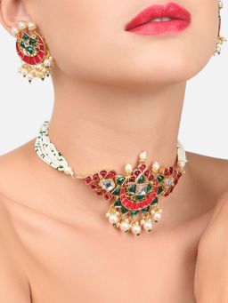 Zaveri Pearls - Pink & Green Meenakari Multistrand Pearls Choker Necklace & Earring Set-ZPFK10242