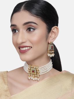 Zaveri Pearls - Gold Tone Multistrand Pearls & Kundan Choker Necklace & Earring Set-ZPFK10255