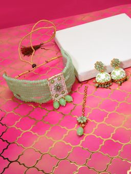 Zaveri Pearls - Green Meenakari Beads Multistrand Necklace Earring & Maangtikka Set-ZPFK10275