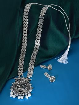 Zaveri Pearls - Antique Silver Tone Goddess Laxmi Long Temple Necklace & Earring Set-ZPFK10282