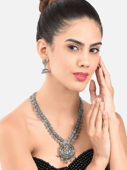 Zaveri Pearls - Antique Silver Tone Goddess Laxmi Long Temple Necklace & Earring Set-ZPFK10283