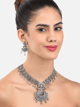 Zaveri Pearls - Antique Silver Tone Goddess Laxmi Temple Necklace & Earring Set-ZPFK10284