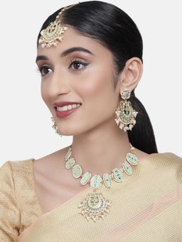 Zaveri Pearls - Pastel Green Meenakari Kundan Choker Necklace Earring & Maangtikka Set-ZPFK10288