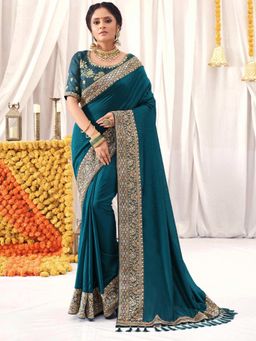 Odette - Mahotsav Womens Teal Vichitra Silk Solid Saree with Unstitched Blouse