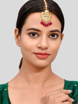 Silvermerc Designs - Gold Plated White & Maroon Studded & Beaded Handcrafted Mang Tikka