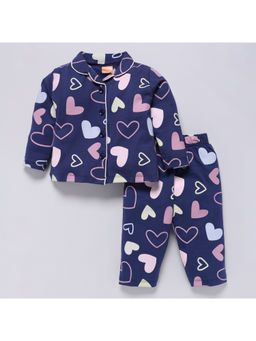 Snuggly Monkey - Single Jersey Heart Print Full Sleeves Nightwear Navy Blue (Set of 2)