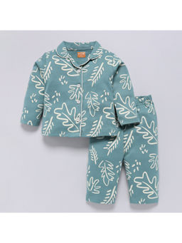 Snuggly Monkey - Single Jersey Leaf Print Full Sleeves Nightwear Green (Set of 2)