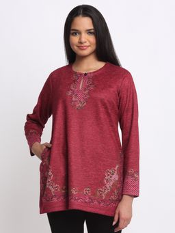 SHAYE - Round Neck Maroon Floral Print Full Sleeves Knit For Women Casual Kurti