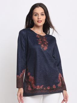 SHAYE - Round Neck Blue Floral Print Full Sleeves Knit For Women Casual Kurti