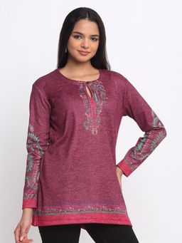 SHAYE - Round Neck Magenta Floral Print Full Sleeves Knit For Women Casual Kurti