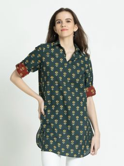 SHAYE - Shirt Collar Green Printed Three-Quarter Sleeves For Women Casual Kurti