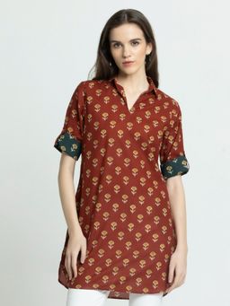 SHAYE - Shirt Collar Brown Printed Three-Quarter Sleeves For Women Casual Kurti