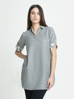 SHAYE - Shirt Collar Grey Floral Print Three-Quarter Sleeves For Women Casual Kurti
