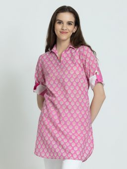 SHAYE - Shirt Collar Pink Floral Print Three-Quarter Sleeves For Women Casual Kurti
