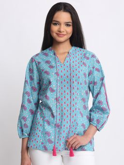 SHAYE - V-Neck Blue Printed Three-Quarter Sleeves For Women Casual Kurti