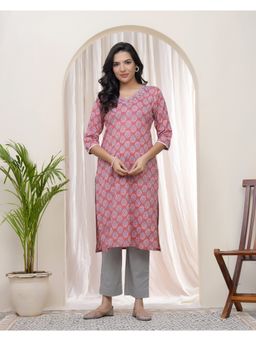 Vaasva Jaipur - Women Pink Cotton Printed Straight Kurta With Pant (Set of 2)