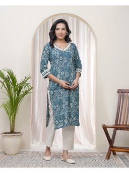 Vaasva Jaipur - Women Ferozi Green Cotton Printed Straight Kurta With Pant (Set of 2)