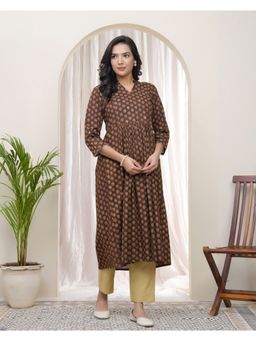 Vaasva Jaipur - Brown Boonta Cotton Printed Anarkali Kurta With Pant (Set of 2)