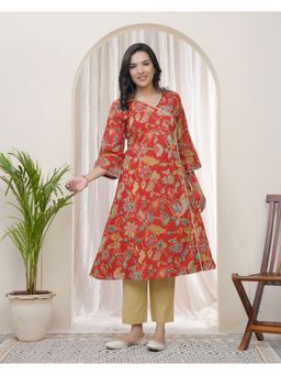 Vaasva Jaipur - Women Red Cotton Angrakha Kurta With Pant (Set of 2)