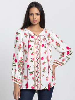 SHAYE - White V-Neck Floral Print Full Sleeves Tunics For Women Casual Kurti