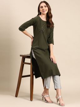 SHOWOFF - Women's Embellished Straight Olive Kurta