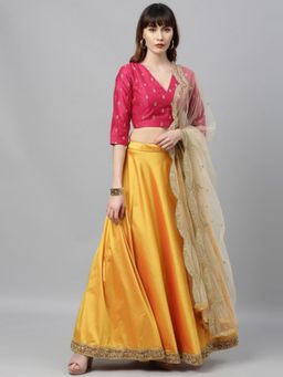Ethnovog - Yellow N Pink Semi-Stitched Lehenga with Unstitched Blouse and Dupatta (Set of 3)