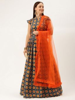 Ethnovog - Multicolored Semi-Stitched Lehenga with Unstitched Blouse and Dupatta (Set of 3)