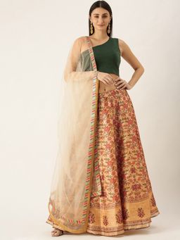 Ethnovog - Green N Beige Semi-Stitched Lehenga with Unstitched Blouse and Dupatta (Set of 3)