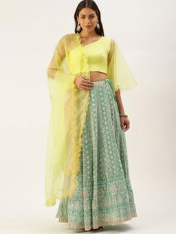Ethnovog - Yellow Kali Semi-Stitched Lehenga with Unstitched Blouse and Dupatta (Set of 3)