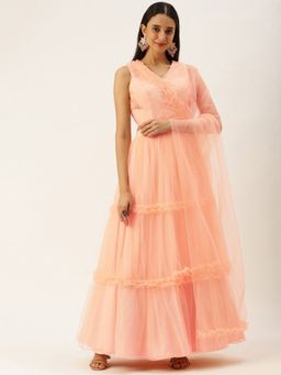 Ethnovog - Baby Pink Organza Semi-Stitched Lehenga with Unstitched Blouse and Dupatta (Set of 3)