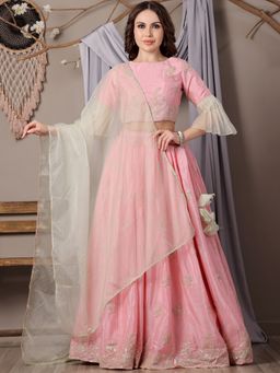 Ethnovog - Pink Chinon Semi-Stitched Lehenga with Unstitched Blouse and Dupatta (Set of 3)