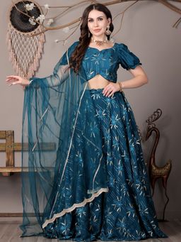 Ethnovog - Teal Green Crepe Semi-Stitched Lehenga with Unstitched Blouse and Dupatta (Set of 3)